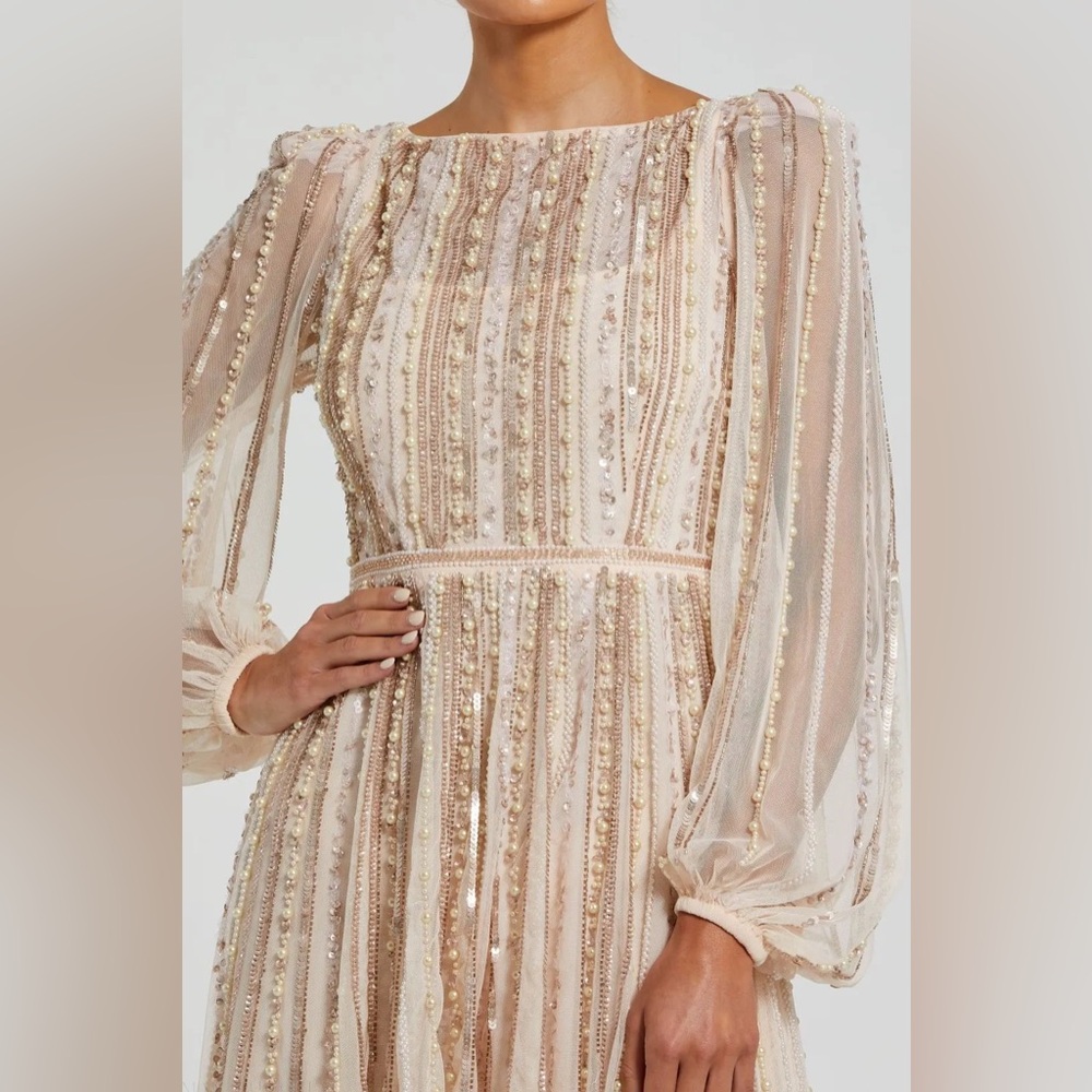 MAC DUGGAL
Pink Boat Neck Long Sleeve Gown With Striped Beading - Picture 2 of 4